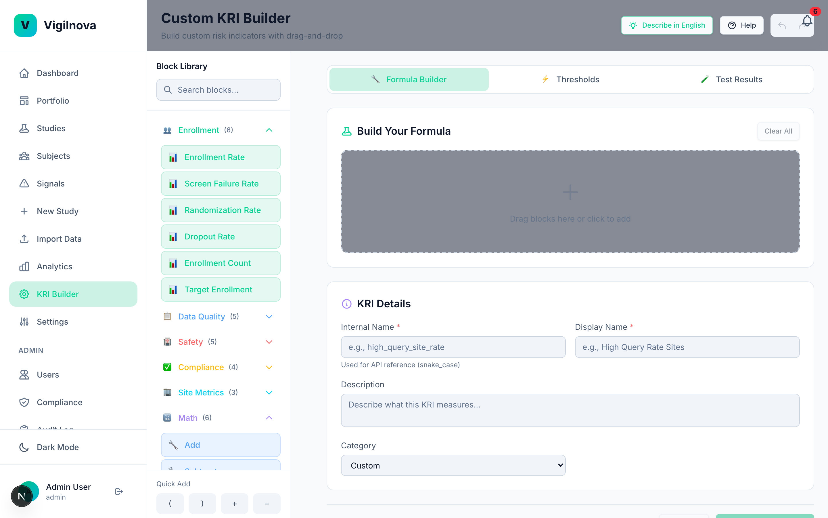 Visual KRI builder with block library and formula canvas.