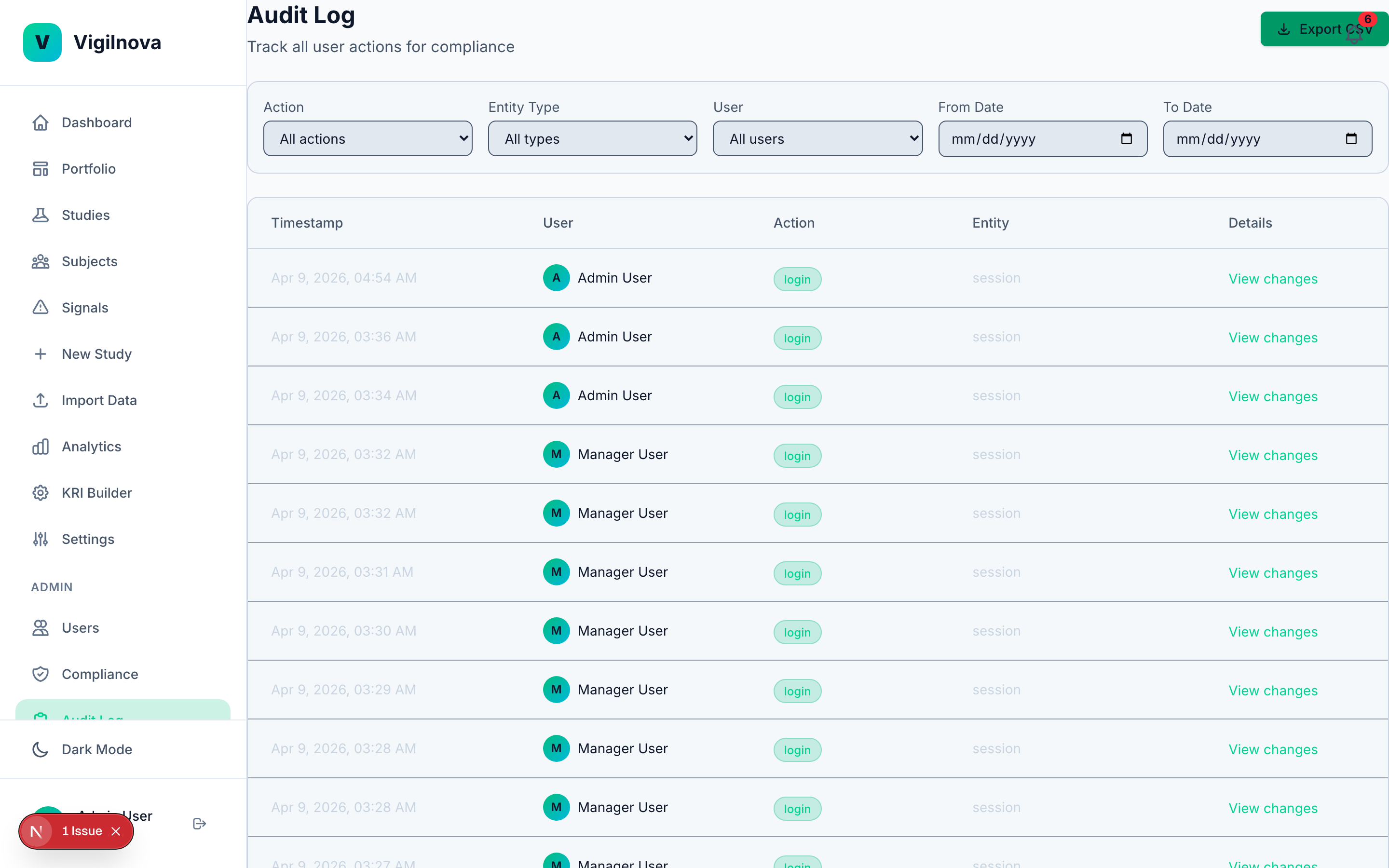 Audit log showing timestamped user actions, entity types, and view changes links.