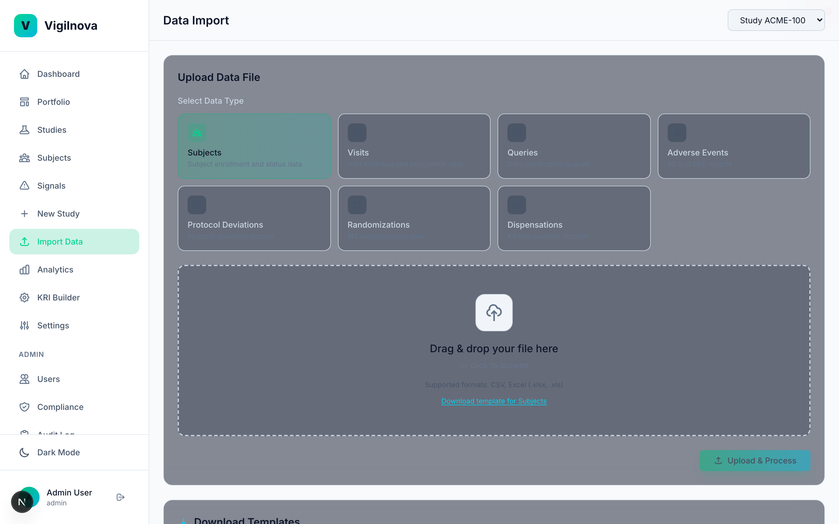 Data import page showing file type selection and drag-and-drop upload.