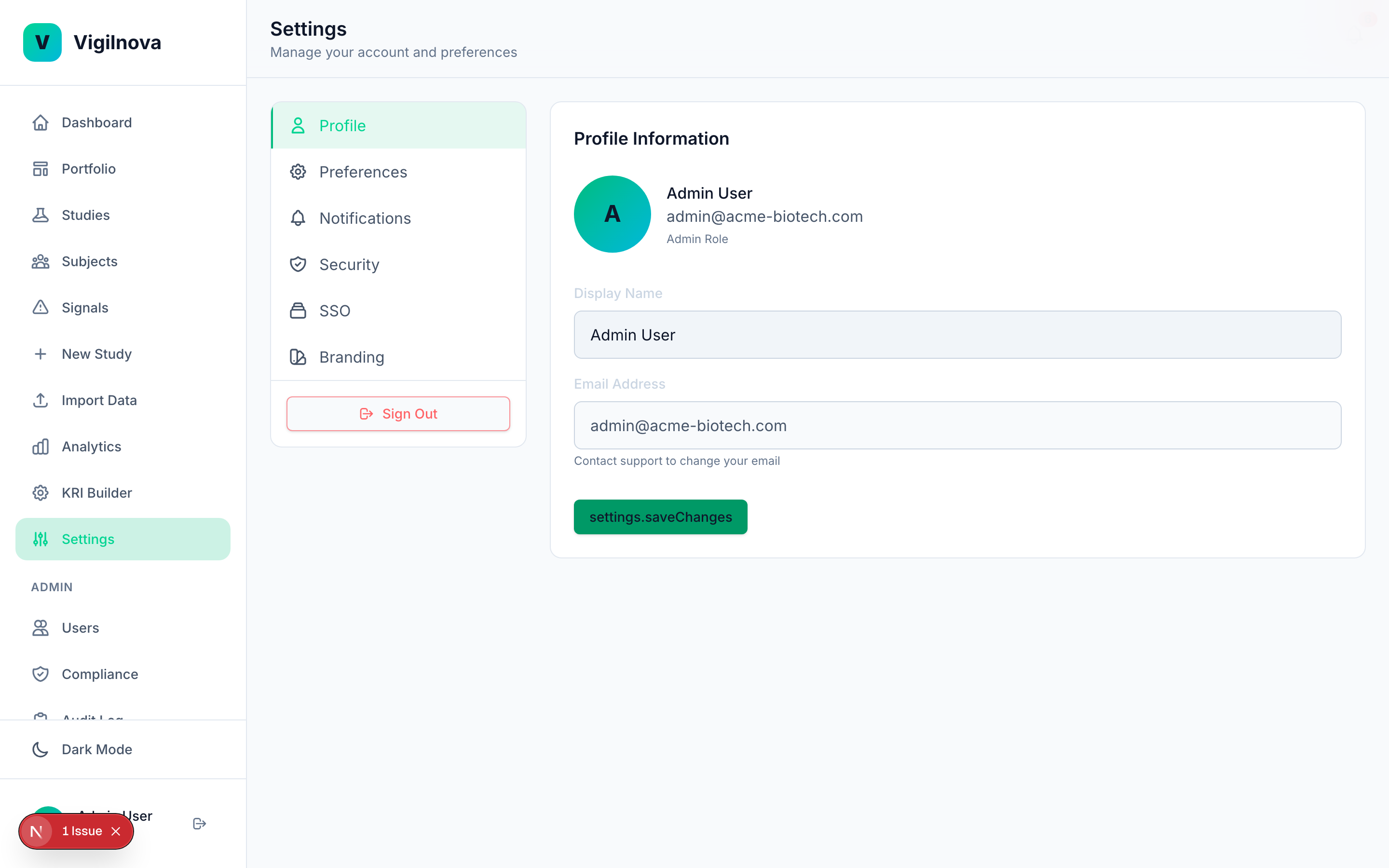 Settings page with branding, notification preferences, and configuration.